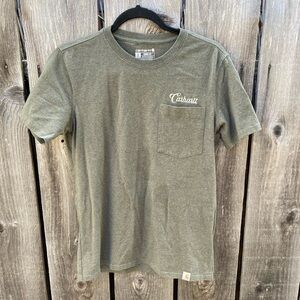 Women's Carhartt T-Shirt Green Spell-Out Cursive S Crew Cotton Pocket Cursive